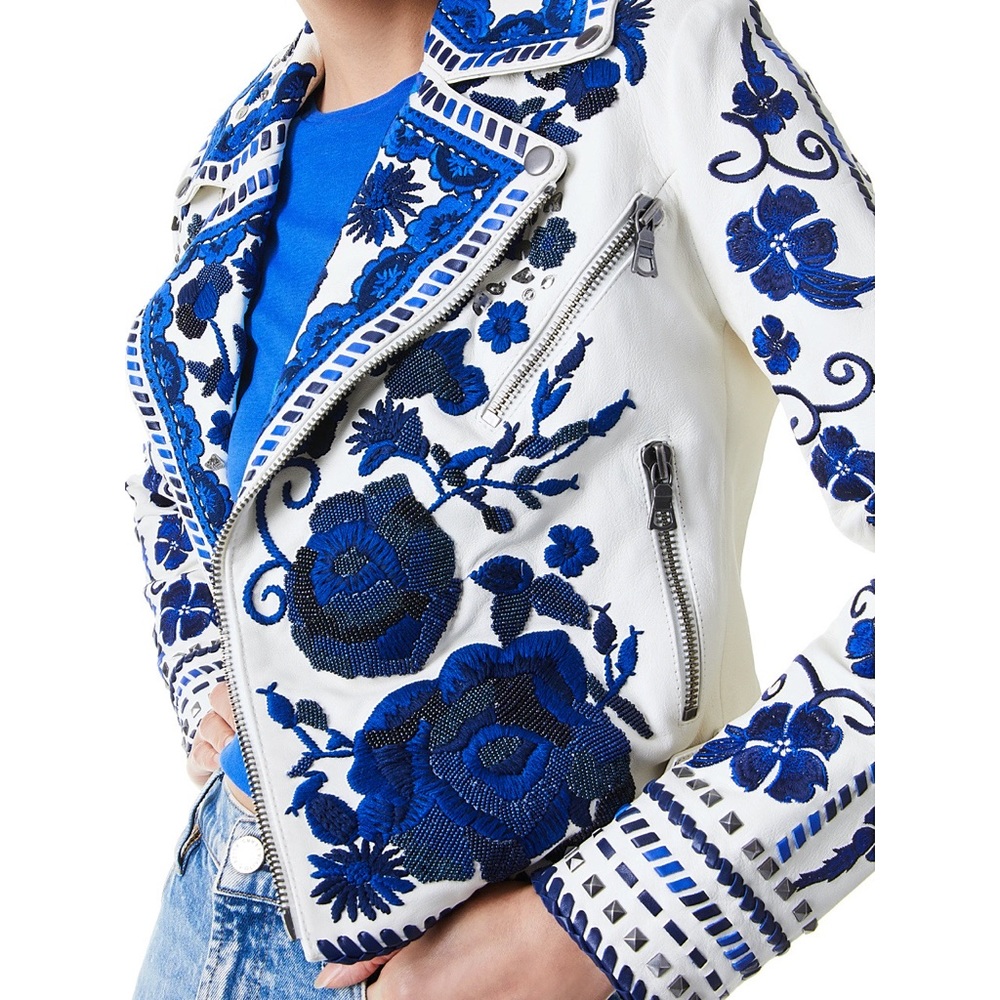 Alice + Olivia Cody Embroidered Floral Embellished Leather Moto Jacket - Picture 7 of 16